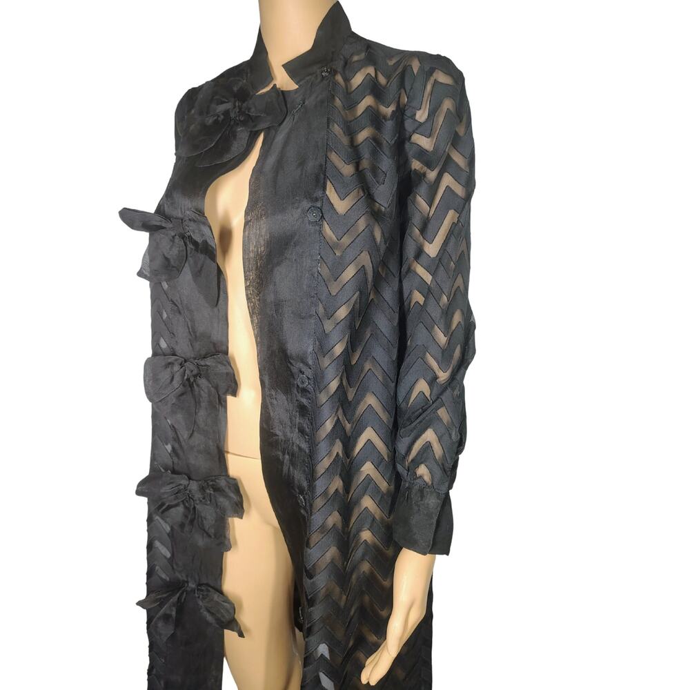 Long Black Cape Sheer Chevron Design Lightweight Jacket Over-Dress Bow Size XS